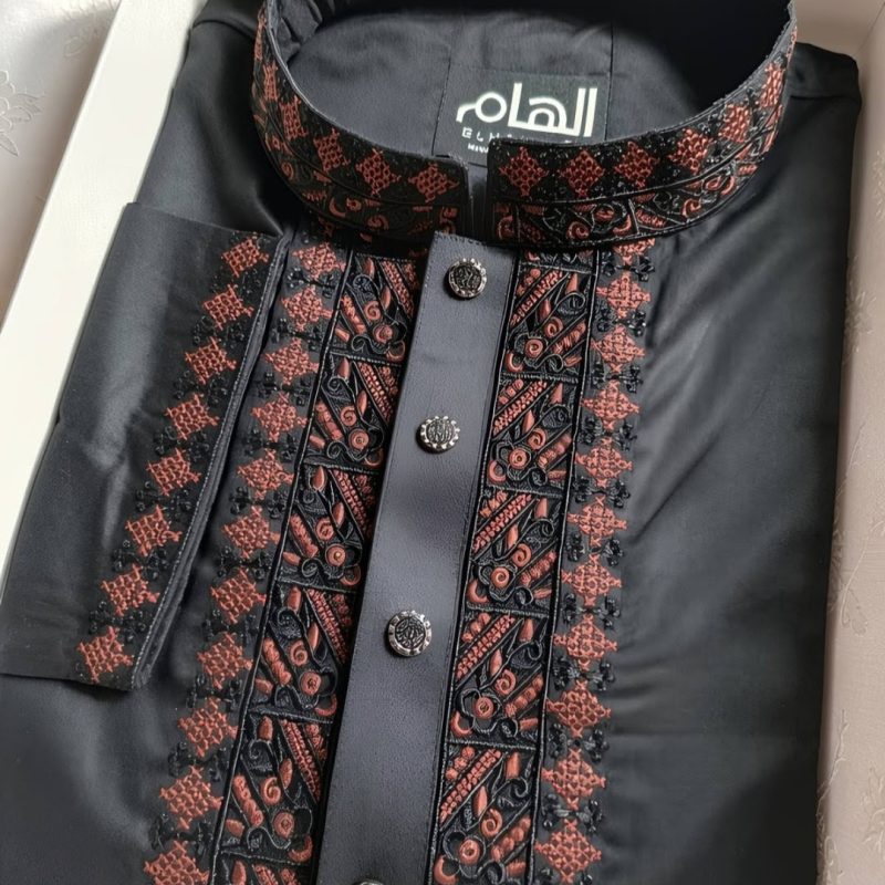 Royal Black Cotton Embroidery Panjabi(PE-16)